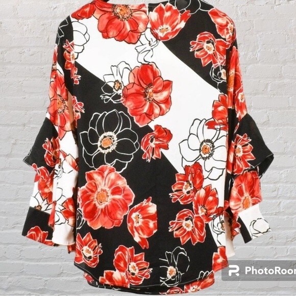 Alfani Black Red Floral Print Blouse Women’s 3X Long Sleeve Split Cuff Top - Picture 4 of 12